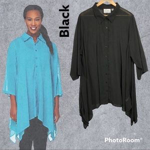 Louis Dell'Olio Asymmetric Hem Button Front Collared Tunic, 2X Black A233187